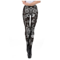 Classic Steampunk Leggings Gray Gears Sublimated High Waist Stretch Leggings