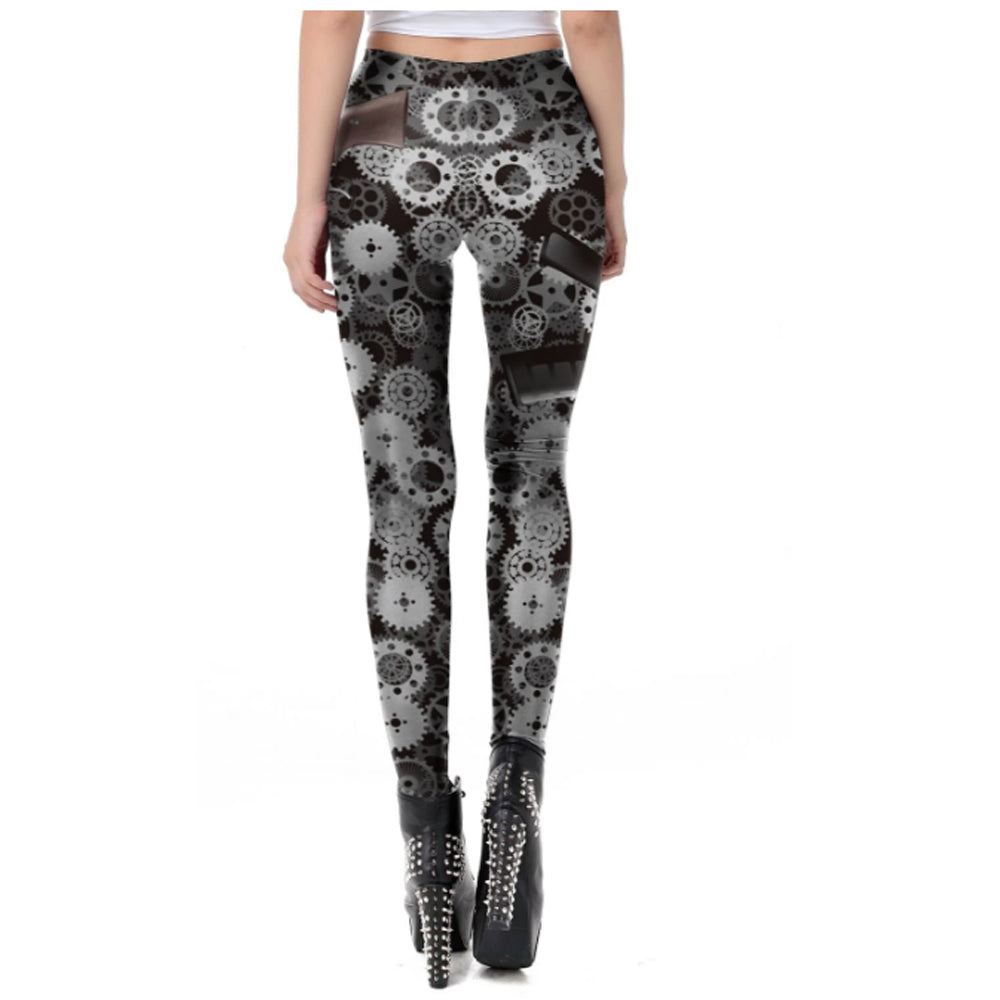 Classic Steampunk Leggings Gray Gears Sublimated High Waist Stretch Leggings