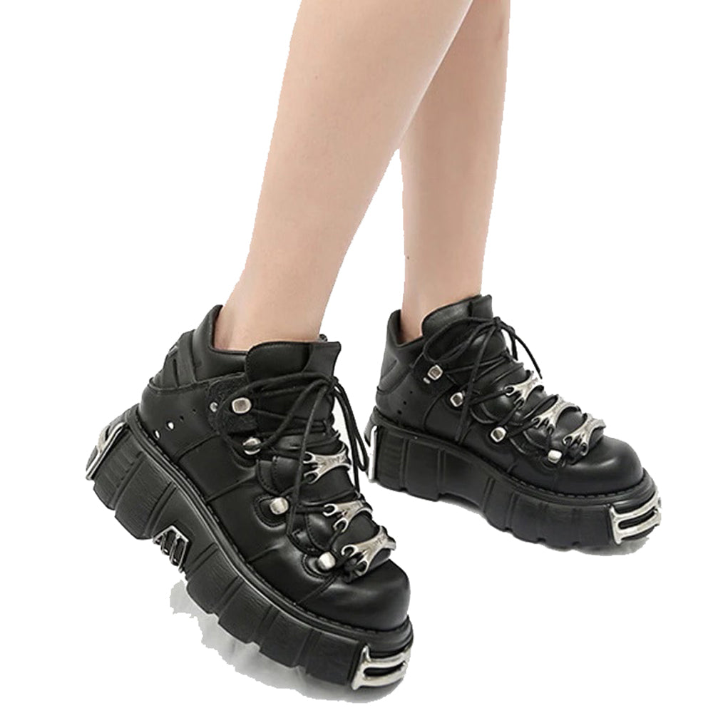Punk Lace Up Women Shoes | Gothic EMO Ankle Boots Black - White