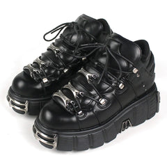 Punk Lace Up Women Shoes | Gothic EMO Ankle Boots Black - White