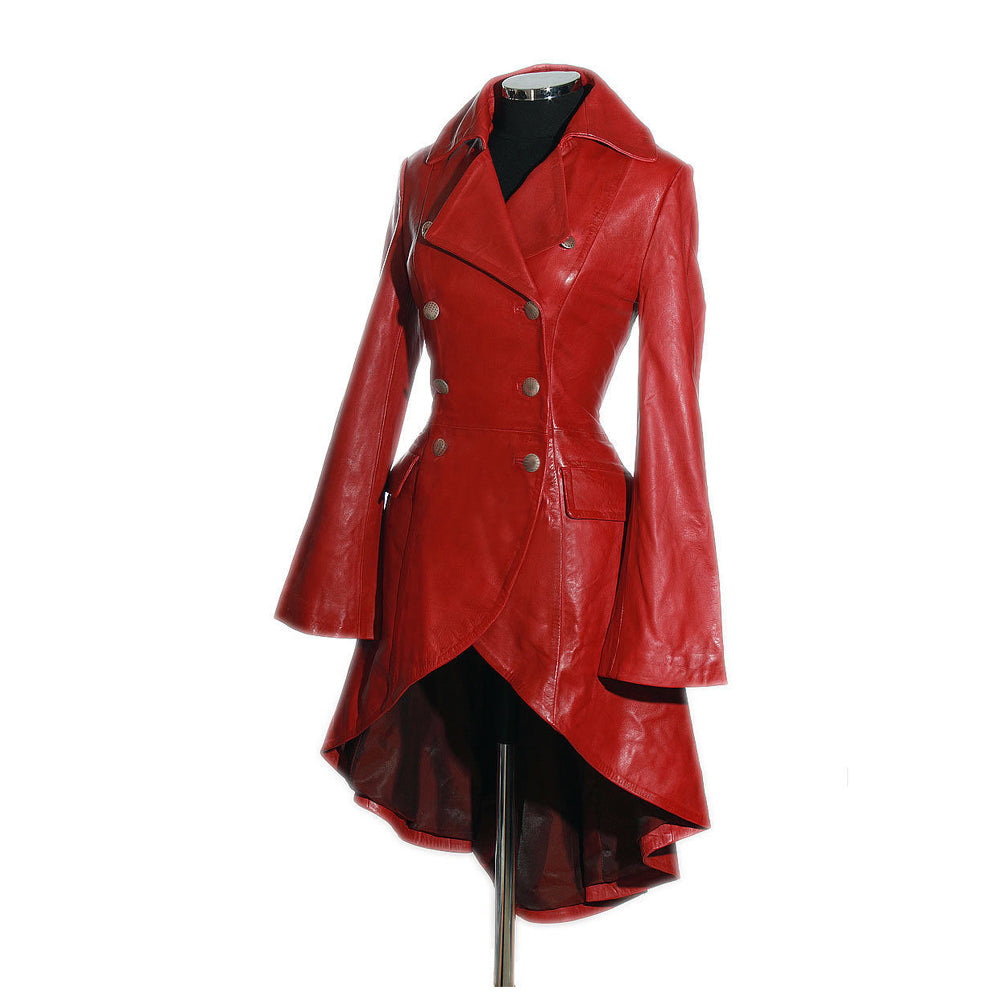 Victorian Double Breast Dovetail Military Style Red Leather Coat